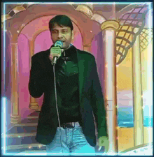 a man in a suit is singing into a microphone in front of a pink archway