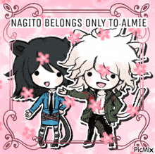 a drawing of two anime characters with the words nagito belongs only to almie on the bottom