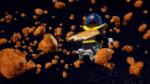a cartoon character with a glowing g on his back is flying through space