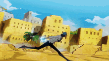 a man in a blue hat is running in front of a city