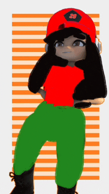 a drawing of a girl wearing a red shirt and green pants with the number 28 on her hat