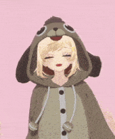 a girl with red eyes is wearing a hoodie that looks like a poop