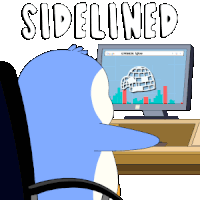 a cartoon of a penguin sitting in front of a computer with the words sidelined above him