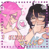 a drawing of a girl with pink hair and a boy with purple hair and the words elysia de lis on the bottom