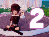 a cartoon girl is sitting on the ground with the number 2 in the background