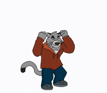 a cartoon cat wearing a red sweater and blue pants is laughing with his arms in the air