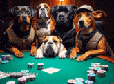 a group of dogs sitting at a table with poker chips