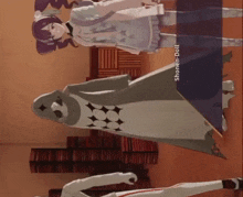 a video game character named shonen-doll is standing in front of a bookshelf