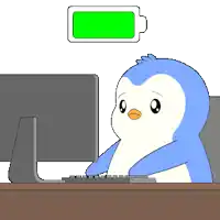 a cartoon penguin is sitting in front of a computer with a full battery above it