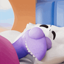 a cartoon character laying on a bed with a purple foot sticking out