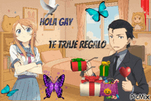 a picture of a girl and a man with the words hola gay on top