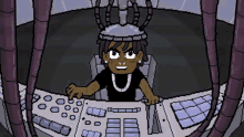 a cartoon character with a crown on his head is sitting at a control panel