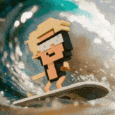 a pixel art character is riding a wave on a surfboard .