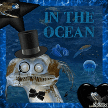 a picture of a skeleton wearing a top hat and a bow tie with the words in the ocean below it