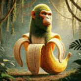 a green monkey with a banana on its head