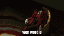 a man in a red suit sits in a chair with the words won wordle written below him