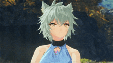 a video game character with a blue top and white hair
