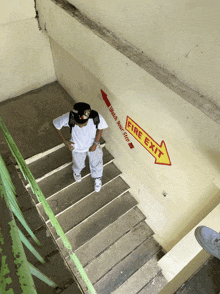 a person walking down a set of stairs with a sign that says fire exit