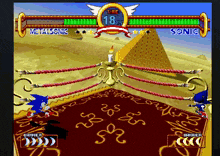 sonic and metal sonic are playing a video game with a pyramid in the background