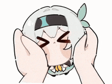 a cartoon character with glasses and a headband is being held by a person .