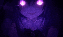 a close up of a girl with purple eyes and a purple background