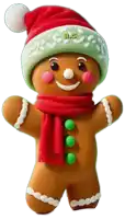 a gingerbread man wearing a santa hat and scarf with the letters a.c. on it
