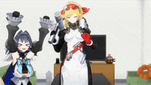two anime characters are standing in a living room holding weapons