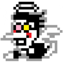 a pixel art drawing of a person wearing a hat and glasses .