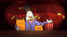 a cartoon of a man in a top hat holding a box of popcorn