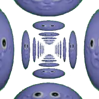 a bunch of purple faces are lined up in a circle on a white background