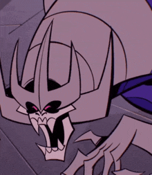 a close up of a cartoon character 's face with horns and a purple cape .