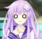 a purple haired anime character with a white cross on her head