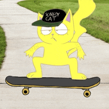 a cartoon cat wearing a scaredy cat hat rides a skateboard