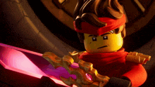 a lego character holding a sword with a purple blade