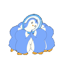 a group of blue and white penguins looking at their reflection in a mirror