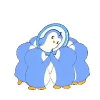 a group of blue and white penguins looking at their reflection in a mirror