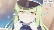 a girl with green hair and a blue hat is standing in front of an elevator with the auto menu buttons visible