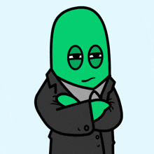 a cartoon drawing of a green alien in a suit and tie with his arms crossed