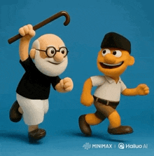 two cartoon characters , an elderly man with a cane and a younger man , are dancing together .