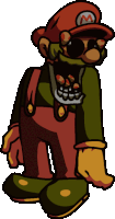 a cartoon drawing of mario wearing overalls and a red hat with the letter m on it