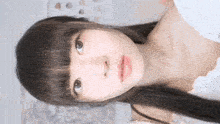 a close up of a girl 's face with a white shirt on