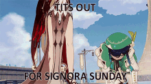 a picture of two anime characters with tits out for signora sunday written below them