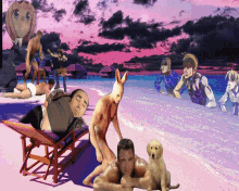 a man is laying on a beach with a kangaroo and a puppy