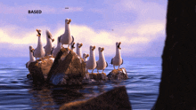 a group of seagulls are standing on rocks in the water and the word based is above them