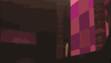 a video game scene with a purple and pink checkered background