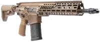 a brown rifle with a black magazine is against a white backdrop