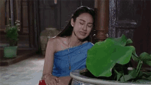 a woman in a blue top is sitting next to a potted plant .