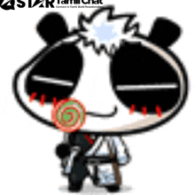 a cartoon panda with a lollipop in its mouth and a star tamil chat logo in the background