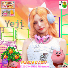 a girl wearing headphones stands in front of a screen that says " press start "