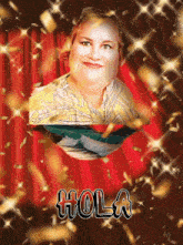 a picture of a woman with the word hola in black